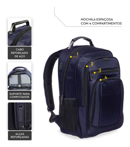 Imagen 5 de 10 de Mochila Notebook Usb Reforzada Compartimientos Full