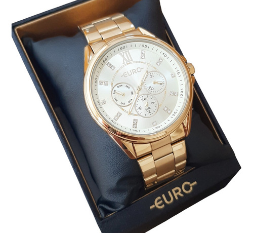 Relógio De Pulso Euro Eu6p29aie/4d Com Corpo Dourado,  Cristal Mineral, Para Feminino, Fundo  Azul, Com Correia De Aço Inoxidável Cor Dourado, Bisel Cor Dourado E Pulseira