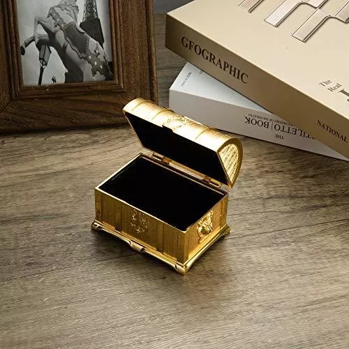 Feyarl 3.9inch Vintage Golden Treasure Box Jewelry Trinket Box Organizer  Keepsake Ring Earrings Box Chest for Valentine Wedding Christmas Birthday