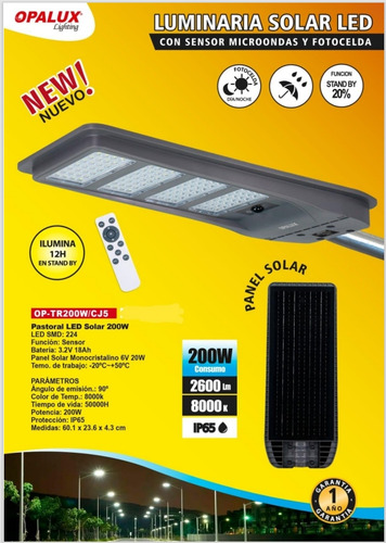 Lampara Solar Alumbrado Publico 200w Opalux Para Pastoral