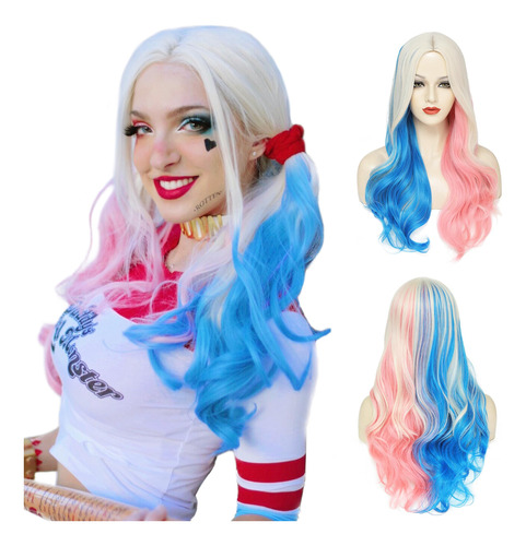 Tixbaby Harley Quinn Peluca Larga Rosa Y Azul Para Mujer, Pe