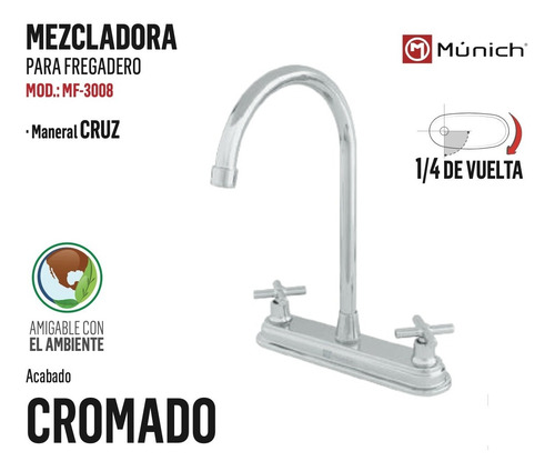 Mezcladora Para Fregadero Munich Largo 8'' Acabado Cromado