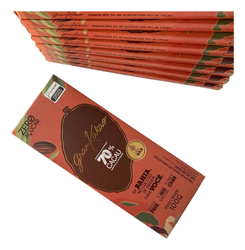 Chocolate 70% Cacau Zero Açucar - Grankakao - 100g - Bahia