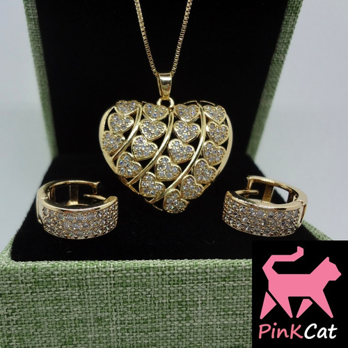 Imagem 2 de 5 de Conjunto Colar E Brincos Banhado A Ouro 18 K Pinkcat