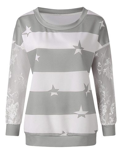 Blusas A Rayas Con Cuello Redondo Y Mangas De Encaje Con Est