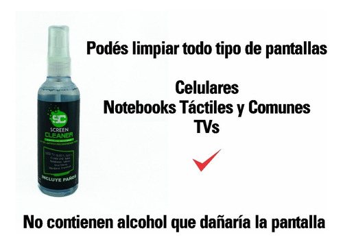 Imagen 3 de 6 de Limpia Pantallas Notebook Tv Monitor Smartphone 120cc Paños