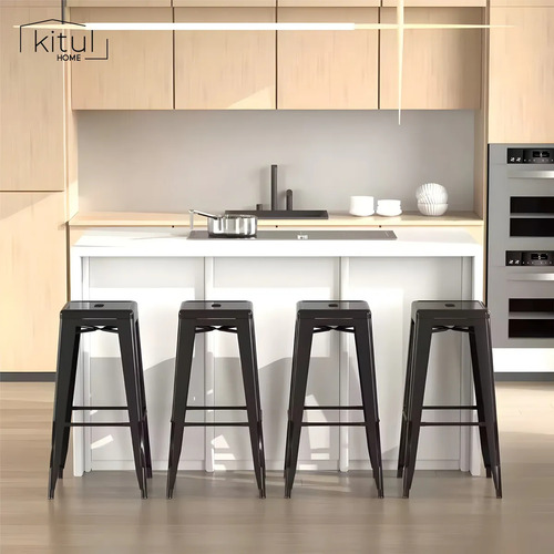 Set 4 Bancos Alto Tolix Industrial Metálico Barra Comedor Color Negro