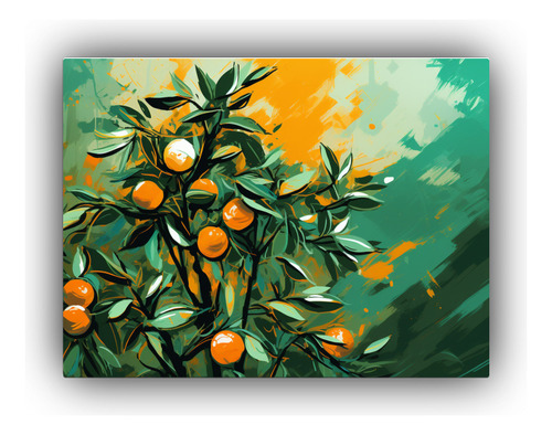 50x40cm Cuadro Tela Bastidor Árbol Naranja En Tonos Verdes