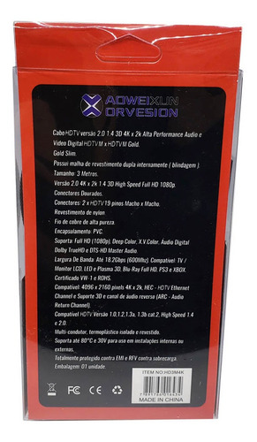 Imagem 2 de 10 de Cabo Hdmi 3m 2.0 19 Pinos Ethernet 3 Metros 4k Ultra Hd 3d