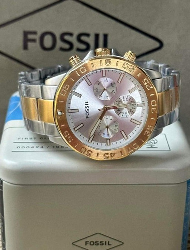 Relógio masculino Fossil de dois tons de aço inoxidável Bq2707, pulseira de prata, moldura dourada, fundo prateado