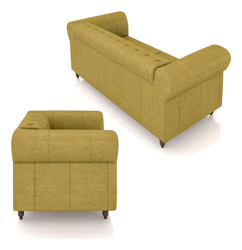 Conjunto 1 Sofá 180cm 1 Poltrona Chesterfield Couro Bege