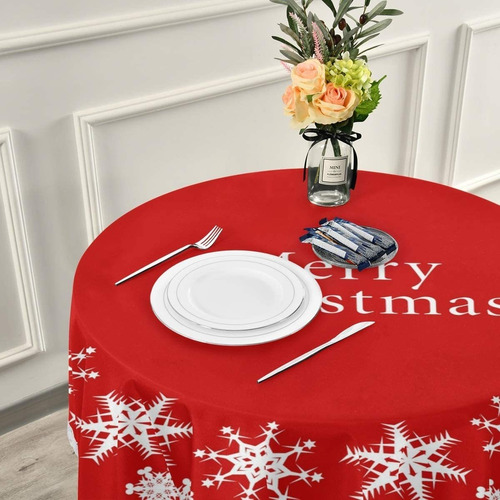 Suabo Mantel Redondo De Copo De Nieve Rojo De Navidad, Funda