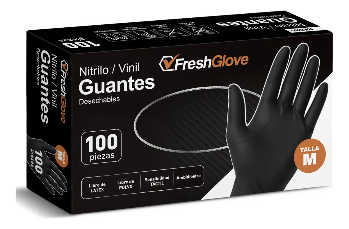 Guantes de Nitrilo Fresh Glove Negros, Sin Polvo y Libres de Látex (Pack de 100)