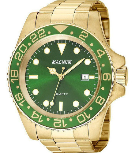 Relógio Masculino Magnum Ma32934g Dourado Em Aço Fundo Verde