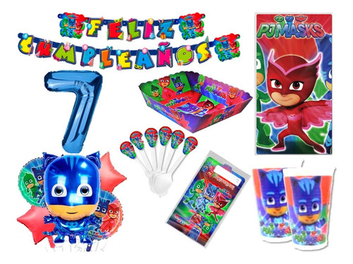 Kit Decoracion Pj Mask X12 Niños + Bouquet + Numero 