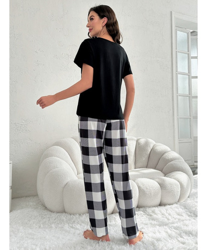 Pijama De Manga Corta A Cuadros Estampado A La Moda