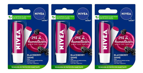 3 Protectores Labial Nivea By Labello Blackberry Shine Mora 