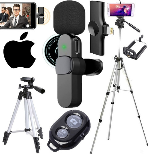 Kit Youtuber Tripé Pedestal + Microfone Wireless iPhone Luz