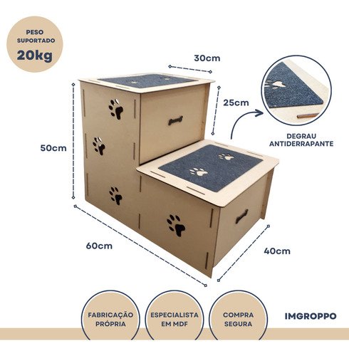 Escada Pet Mdf Cachorro IMGROPPO IMG0056 Carpete Antiderrapante 50cm Cor Cru