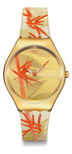 Reloj Swatch Golden Red Bamboo Syxz105 Correa Beige Bisel Amarillo Fondo Amarillo