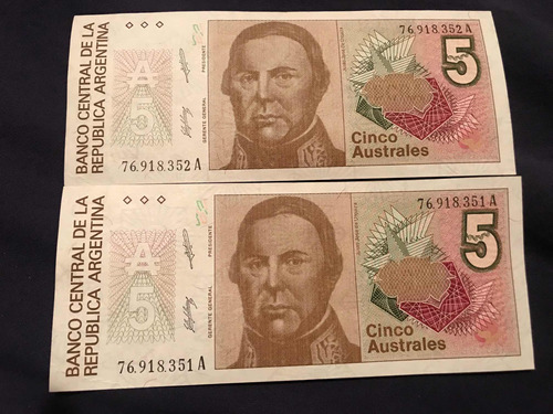 Dos Billetes 5 Australes Correlativos Sin Circular Serie A