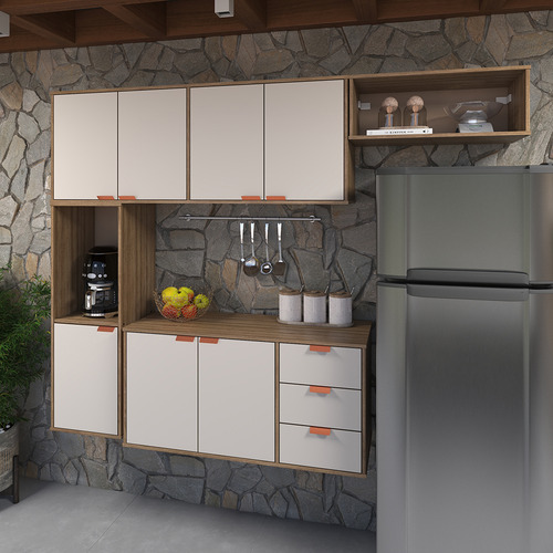 Armário De Cozinha Suspenso Compacto Com 7 Portas E 3 Gavetas, Design Moderno E Funcional Em Off White E Madeirado Estilo Nórdico, Ideal Para Otimizar Espaços -modelo Romeu