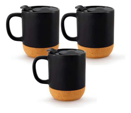 Juego De 3 Tazas Para Café/té Chefmaker Ceramica Con Tapa Negro