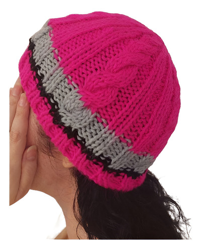 Gorro De Lana Tejido A Mano Artesanal Gf03 Único Adulto Fucsia Rayado Gris