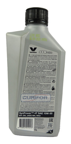 Imagen 2 de 4 de Aceite 10w50 Moto Valvoline Sintetico Synpower 4t 1 Lt