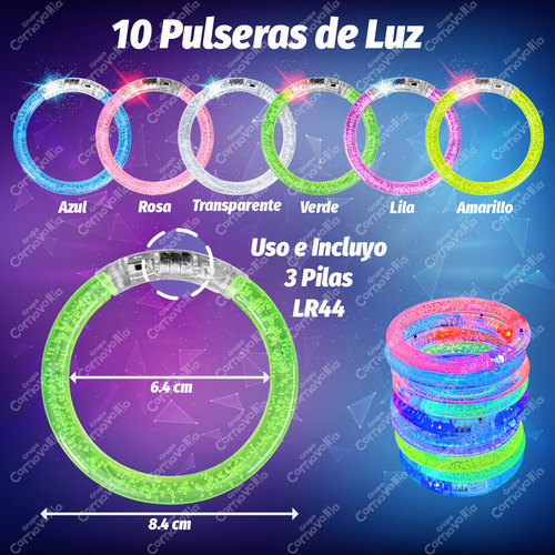 Kit 10 Pulsera Luminosa Plástico Colores Luz Led Fiesta Boda Color Multicolor
