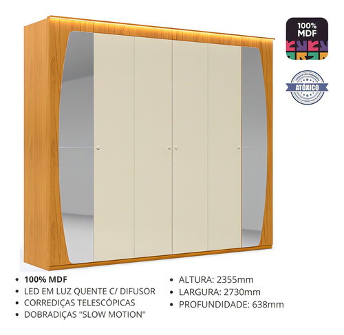 Guarda Roupa Inovação com Espelho LED Naturale Off White - Gelius