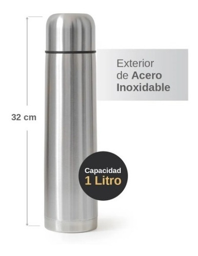 Imagen 2 de 5 de Termo De Acero Inoxidable 1l Doble Capa Térmica Premium Pico