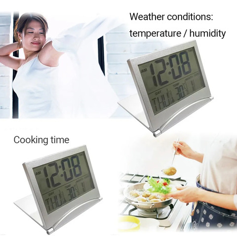 Alarma Digital Lcd Plegable Con Fecha Y Temperatura De Escri