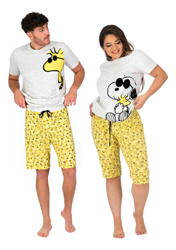 2 Pijama Par Pareja Ropa Dormir Short Playera Snoopy Algodón