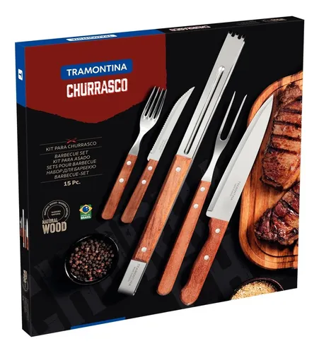 Jogo Para Churrasco 15 Peças Inox Tramontina Cabo De Madeira