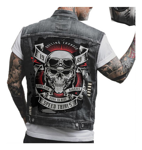 Kko Chaleco De Mezclilla Para Hombre, Calavera, Motociclista