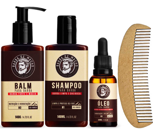 Kit Combate Coceira Shampo Óleo Balm E Pente Barba De Macho