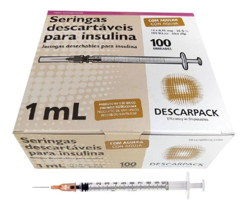 Seringa Insulina 1ml C/agulha 13x0,45  Descarpack C/100 Un