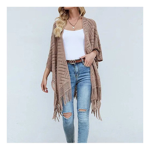 Suéter De Mujer Cárdigan Hueco Chal Borla Bufanda Top Color Caqui