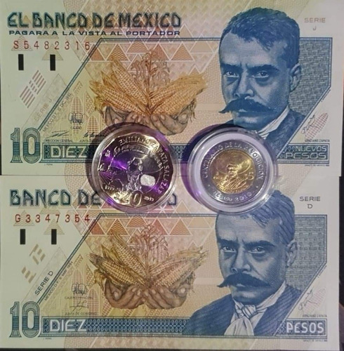 Combo De Billetes 10 Pesos Y Monedas  De Emiliano Zapata Unc