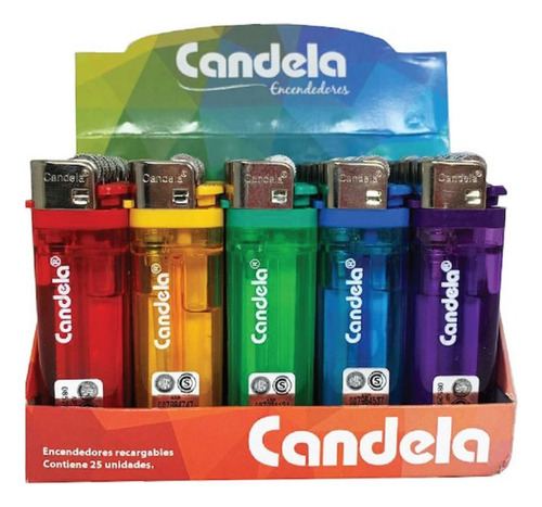 Caja Encendedor Transparente Candela Recargable 25 Unidades