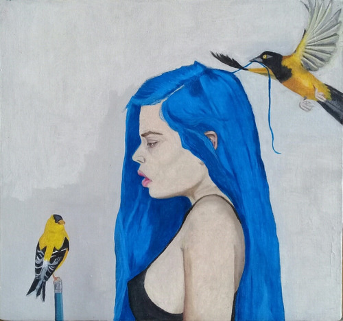 Pintura Al Óleo Original A Mano. Mujer De Los Pájaros. Arte