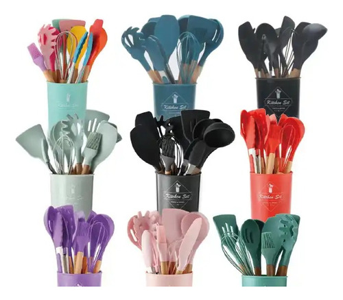 Juego De Cucharones 12 Piezas Set De Cocina Silicone /madera