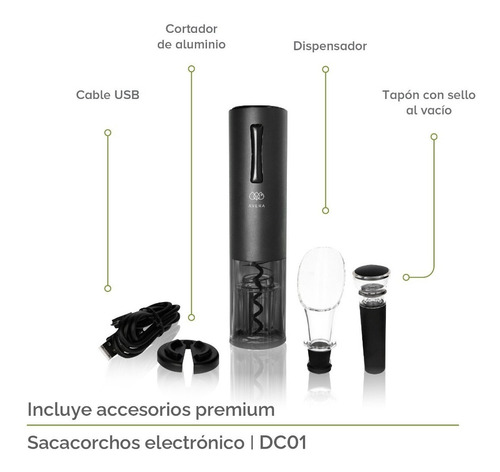 Avera Sacacorchos Eléctrico Para Vinos Recargable Usb Dc01 Negro