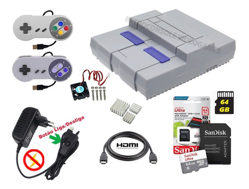 Case Snes Raspberry Pi 3 + Fonte + Hdmi + 2 Controles + 64gb