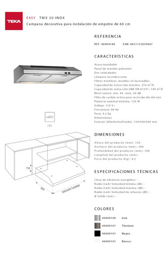 Campana Extractora De Cocina 090603 Teka Tmx 50 Inox