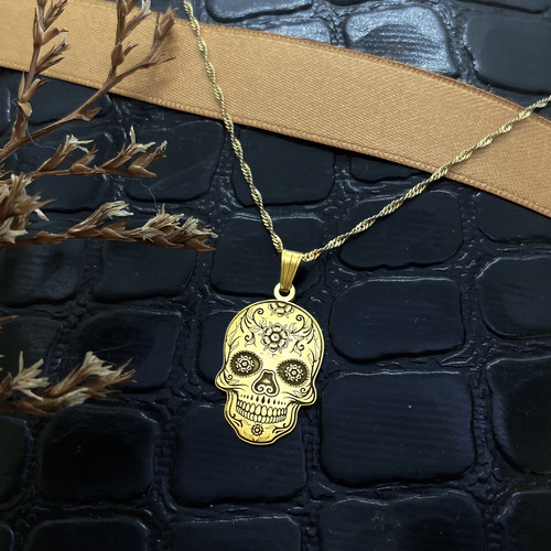 Cadena Y Dije Calavera Mexicana Oro 18k Amarillo 55 Cm