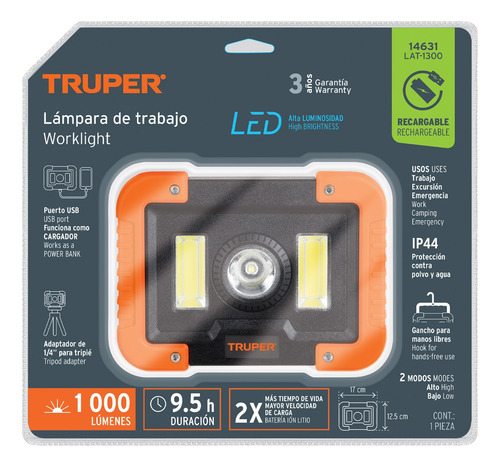Lámpara Led 1000 Lm De Trabajo Recargable Truper 14631 Blanco Naranja