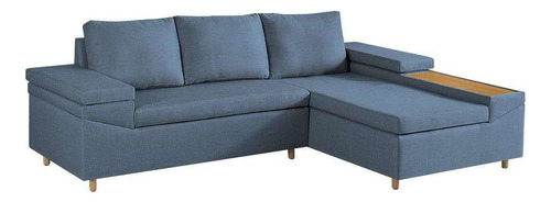 Sofá 4 Lugares Clássico Com Chaise Direito Linho Azul