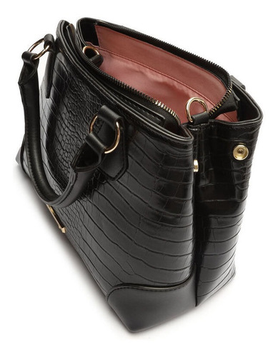 Imagem 4 de 6 de Bolsa Feminina Transversal Tote Média Croco Preta - My Shoes